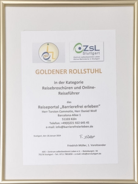 Urkunde des Goldenen Rollsuhls 2024 an das Reiseportal "Barrierefrei Erleben" - © Barrierefrei Erleben