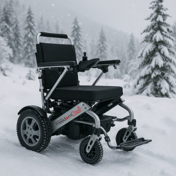 Faltbarere Elektrorollstuhl in verschneiter Winterlandschaft - Der FreedomChair Elektrorollstuhl bereit für den Wintereinsatz - © ackerblau OG Faltbarere Elektrorollstuhl in verschneiter Winterlandschaft - Der FreedomChair Elektrorollstuhl bereit für den Wintereinsatz - © ackerblau OG