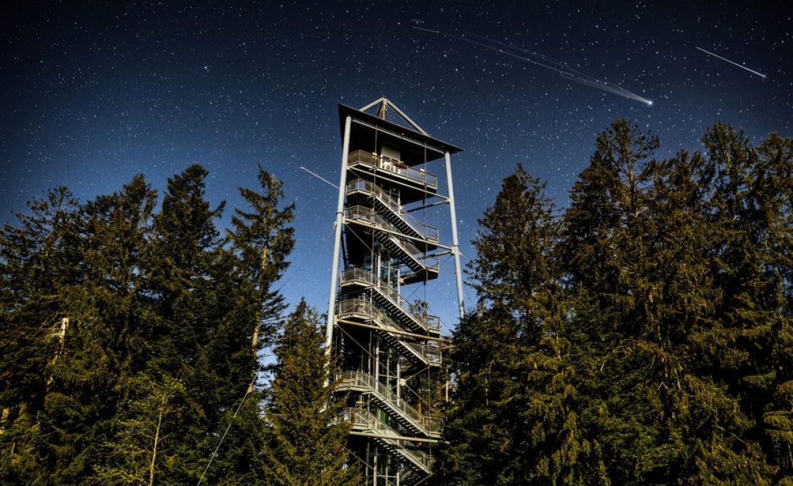 Sternschnuppennacht in der Waldwelt Allgäu - Vom 40 Meter hohen Aussichtsturm des Skywalk geht der Blick in die Voralpenlandschaft bis hin zum Bodensee und zu den Allgäuer Alpen. - © djd/Waldwelt Allgäu