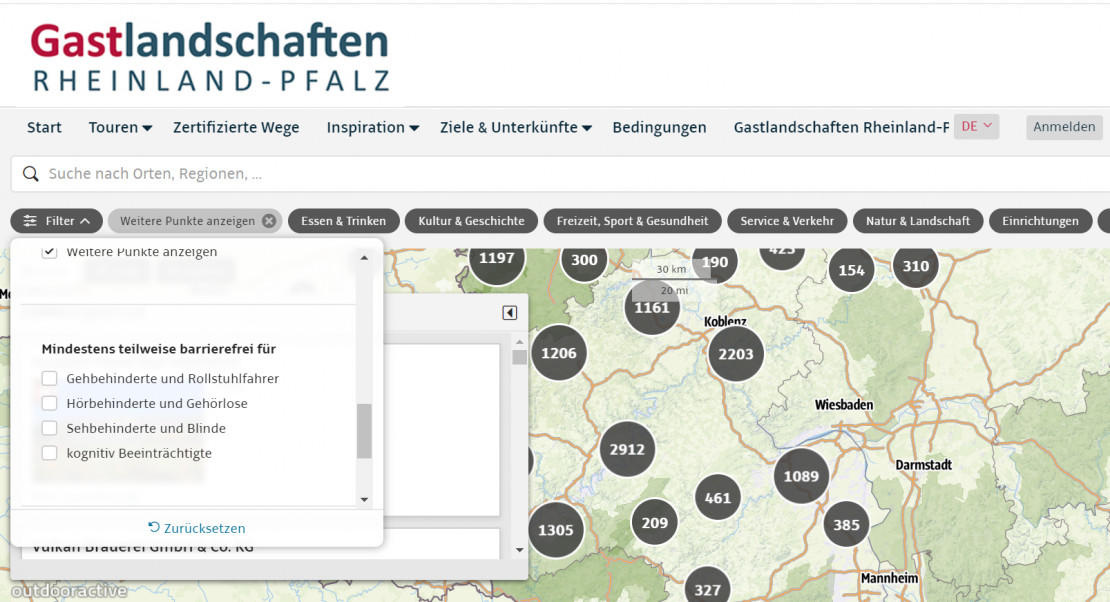 Screenshot Tourenplaner Rheinland-Pfalz - Die Suche nach barrierefreien Angeboten - © www.tourenplaner-rheinland-pfalz.de / Rheinland-Pfalz Tourismus GmbH